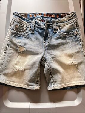 Rock Revival Light Wash Distressed Denim Long Jean Shorts Anabela